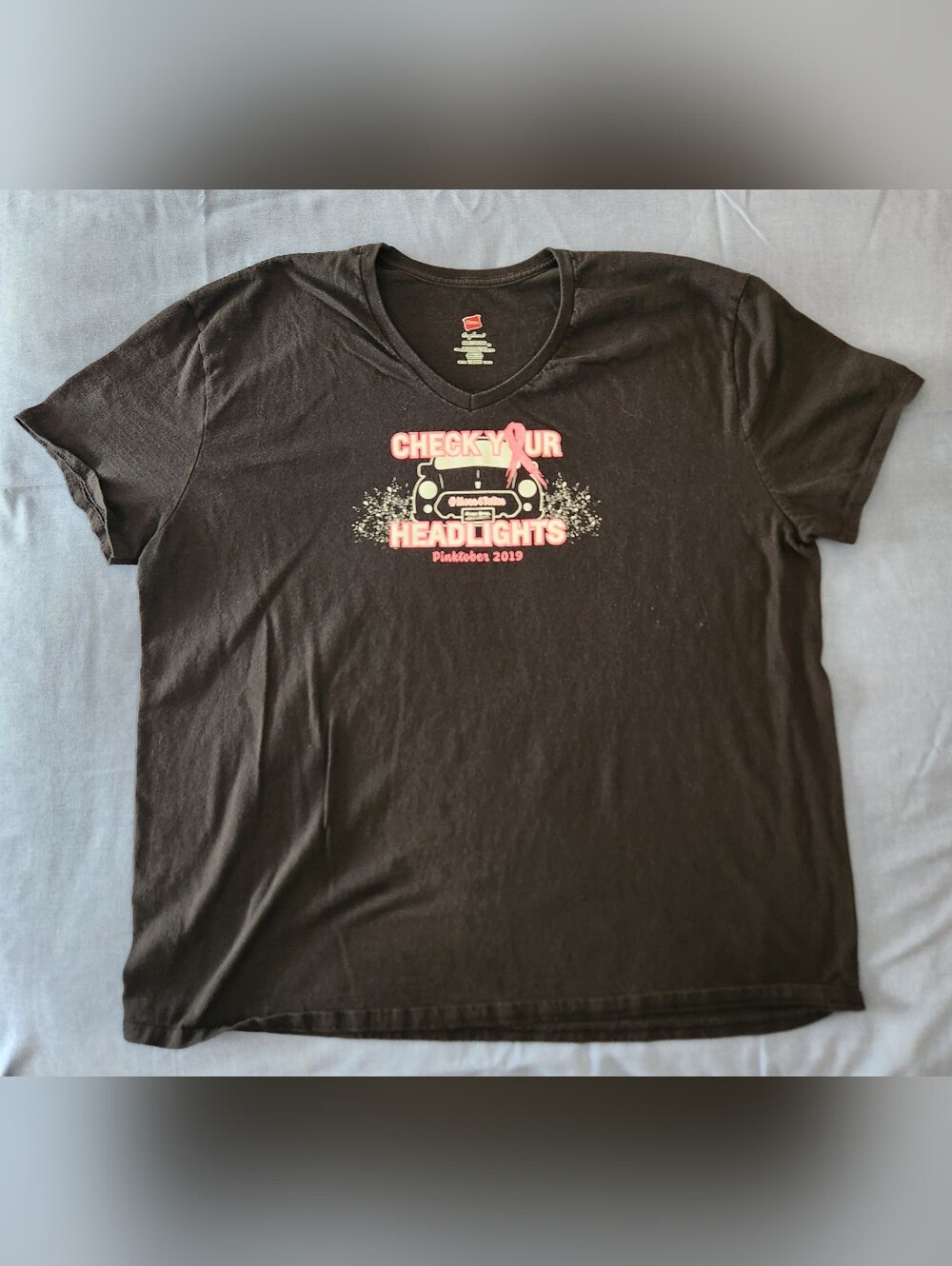 Hanes Black V-Neck Graphic Tee with Pink Print